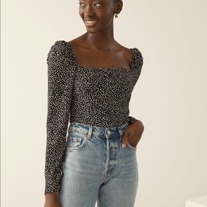 & Other Stories B&W Dotted Smocked Puff Sleeve Top | Size 0